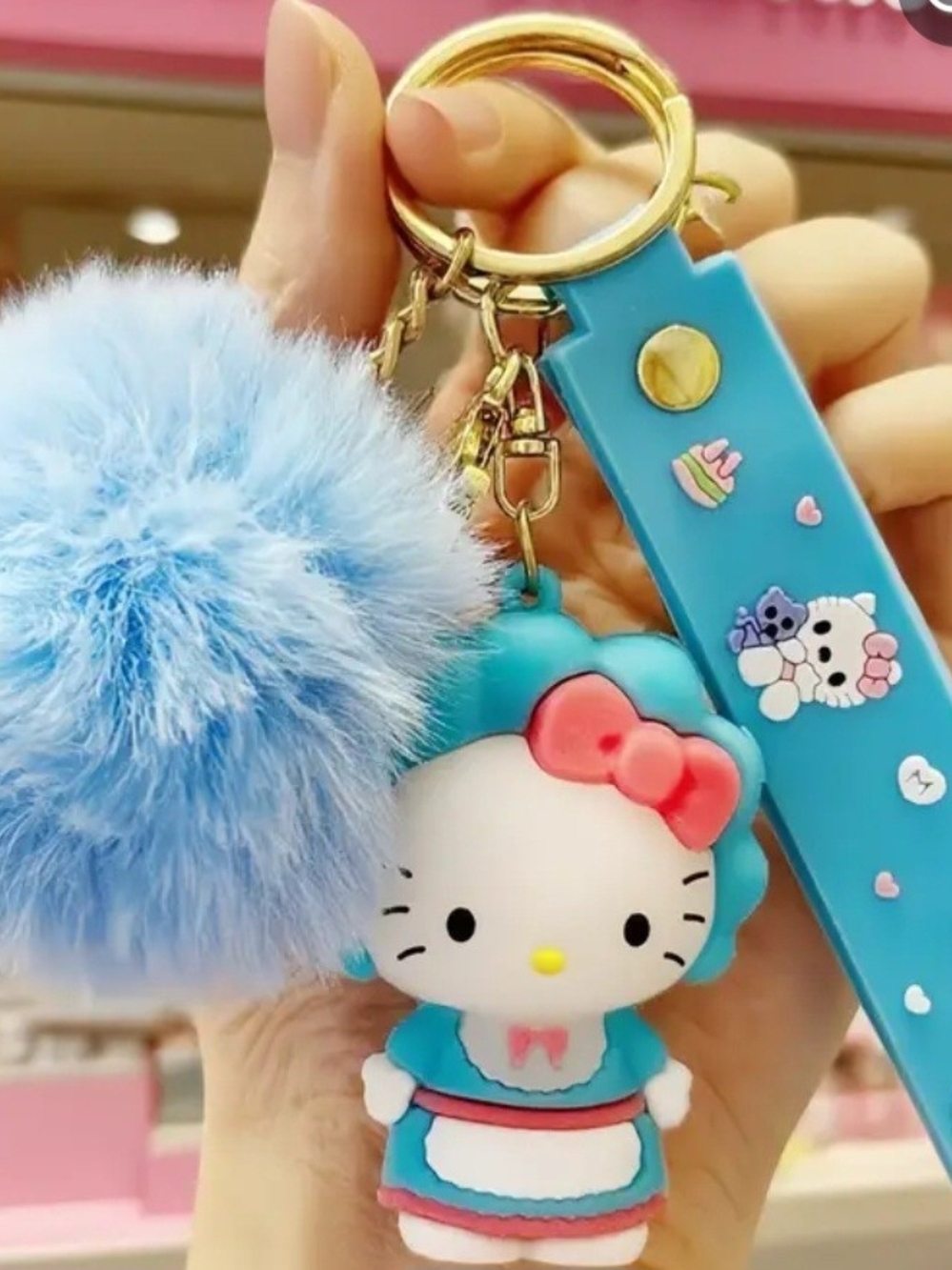 Hello Kitty Light Blue Pom-Pom Keychain with Strap, 3 Piece